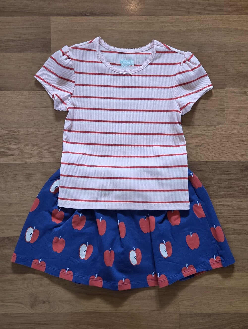 NWOT, Girls White & Red Striped Top with Blue Apple Print Skirt Set